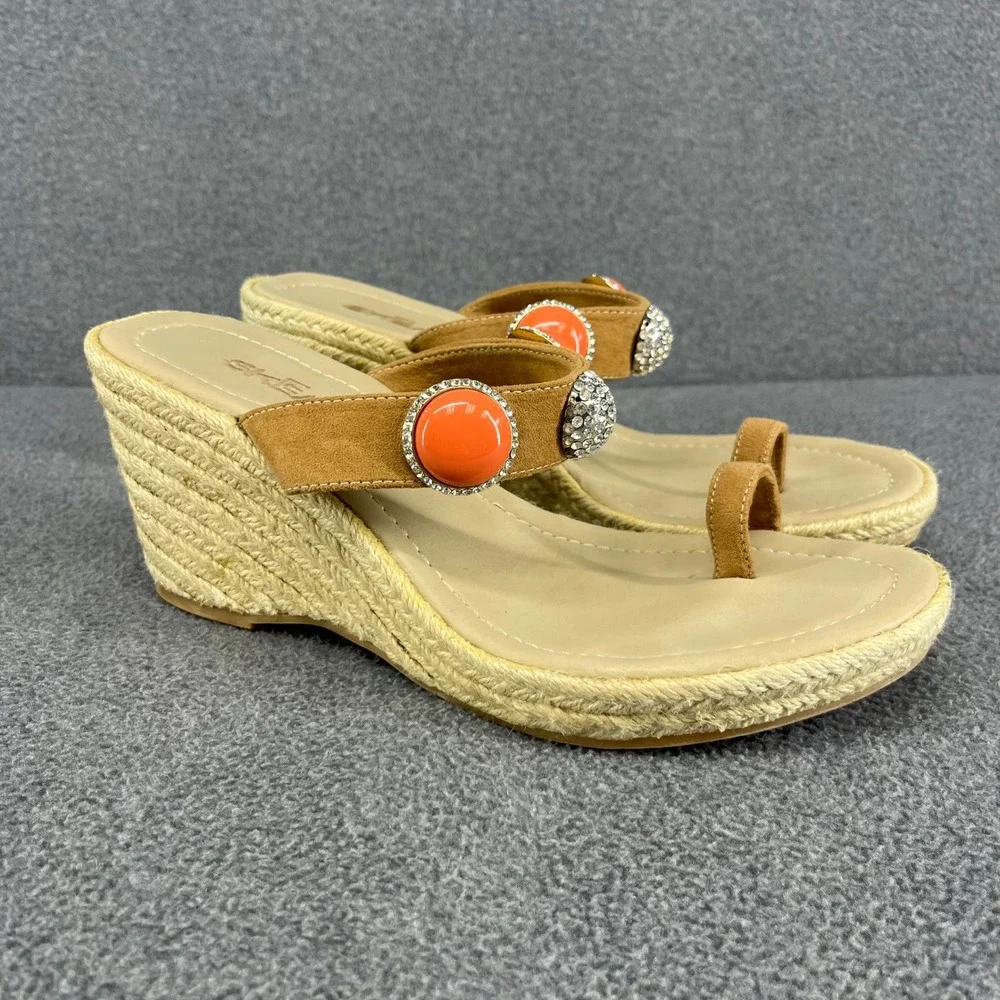 Skemo Wedge Sandals Womens 10‎ Tan Coral Embellished Espadrille Boho Rhinestone